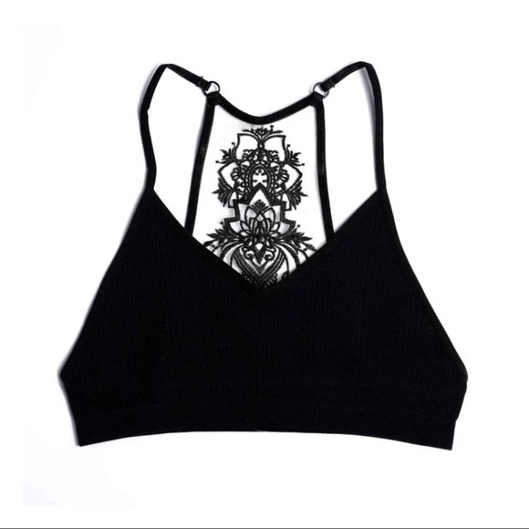 Boho Chic Tattoo Illusion Ribbed Deep V Bralette Bra Crop Yoga Bitch NWT - Picture 9 of 16